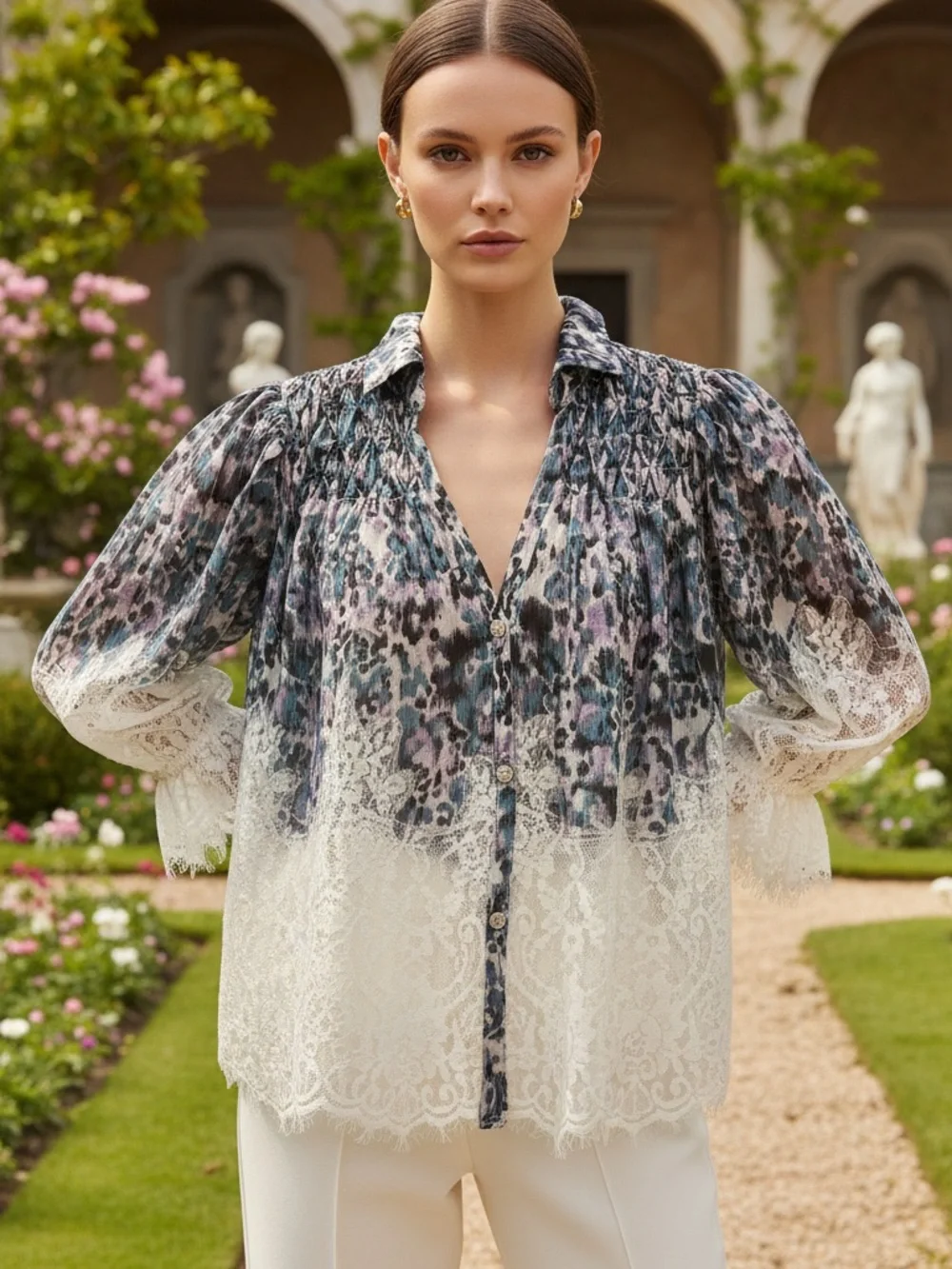 Anthropologie Ombre Floral Lace Button-Front Blouse — White, Blue, Purple - Picture 1 of 5